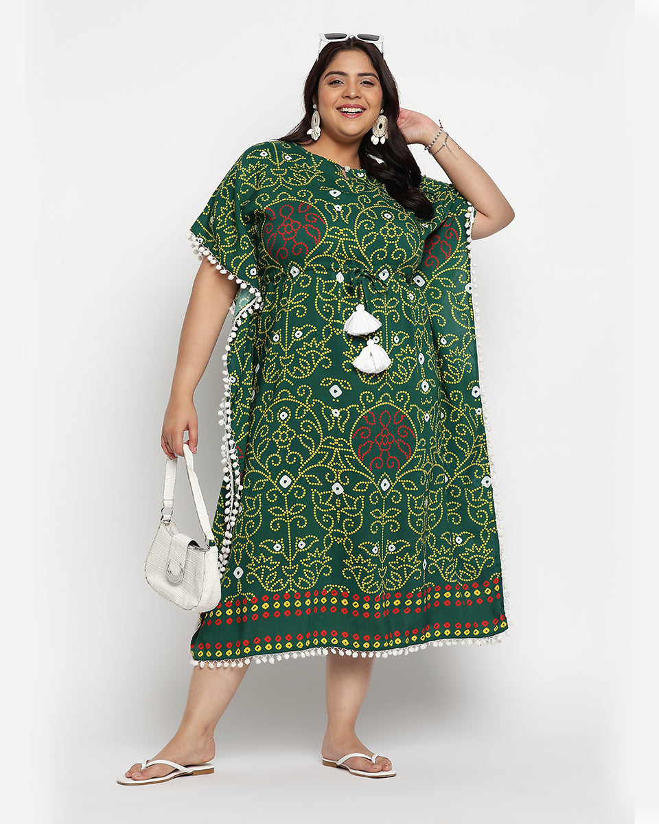 Rajasthani Print Green And Yellow Rayon Plus Size Kaftan For Women