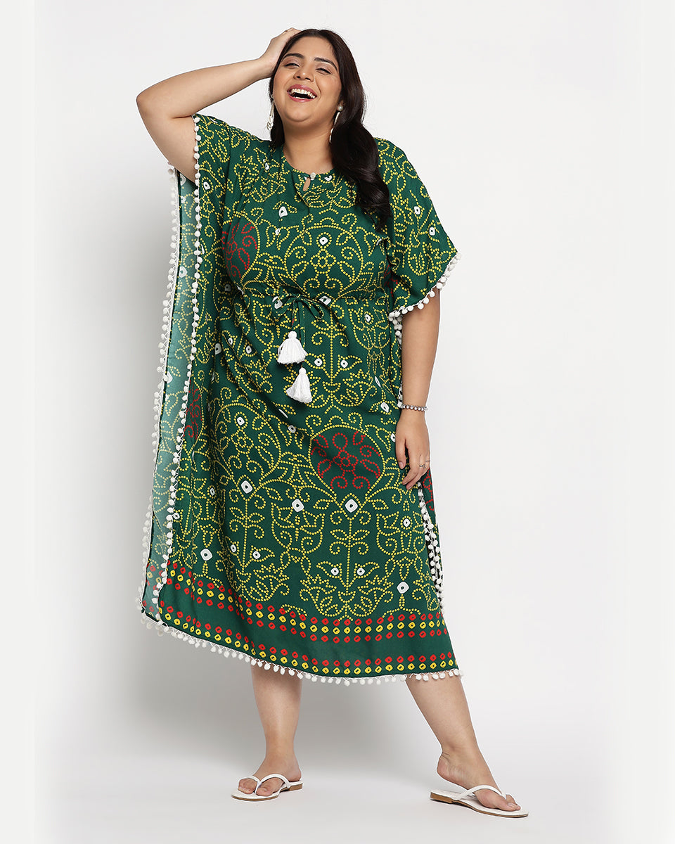 Rajasthani Print Green And Yellow Rayon Plus Size Kaftan For Women