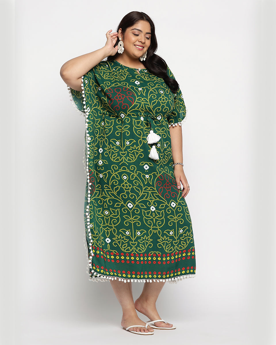 Rajasthani Print Green And Yellow Rayon Plus Size Kaftan For Women