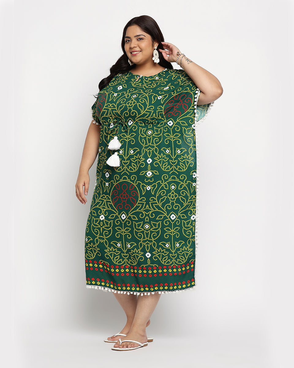 Rajasthani Print Green And Yellow Rayon Plus Size Kaftan For Women