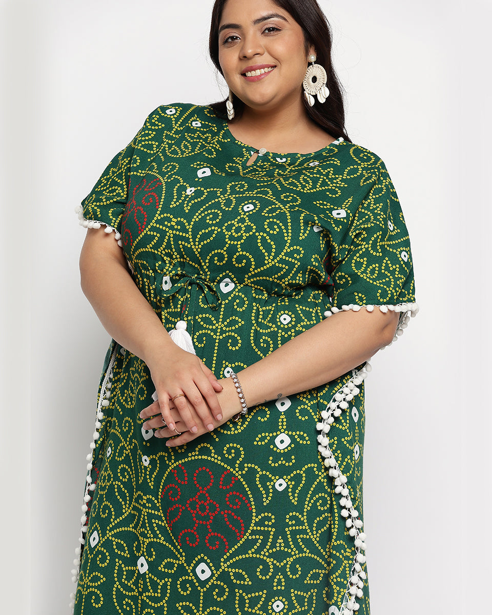 Rajasthani Print Green And Yellow Rayon Plus Size Kaftan For Women