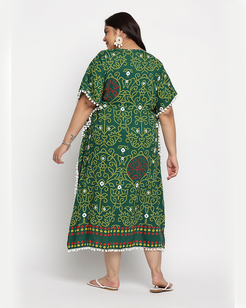 Rajasthani Print Green And Yellow Rayon Plus Size Kaftan For Women