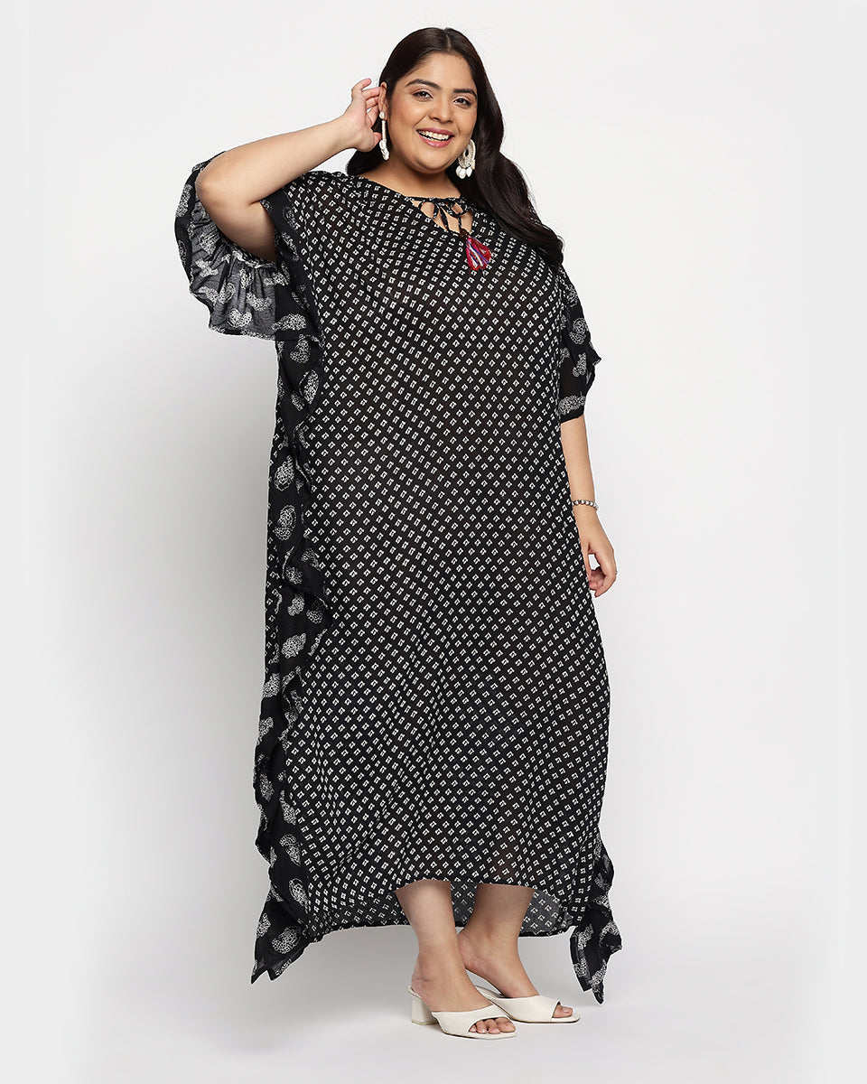 Black And White Polka Dot Rayon Plus Size Kaftan For Women