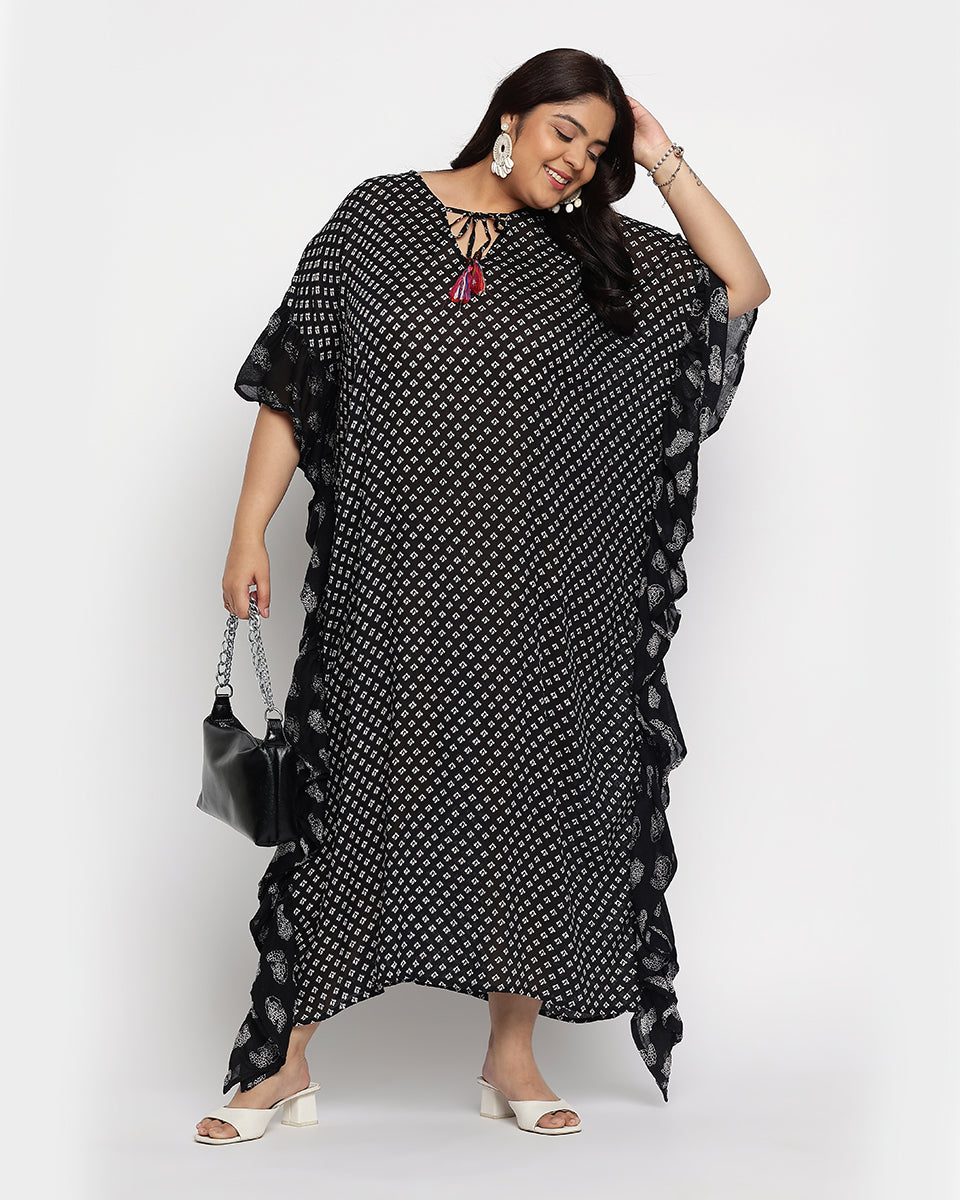 Black And White Polka Dot Rayon Plus Size Kaftan For Women