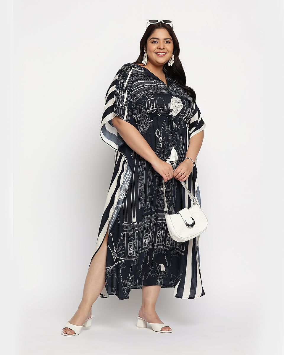 Black And White Rayon Plus Size Egyptian print Kaftan For Women