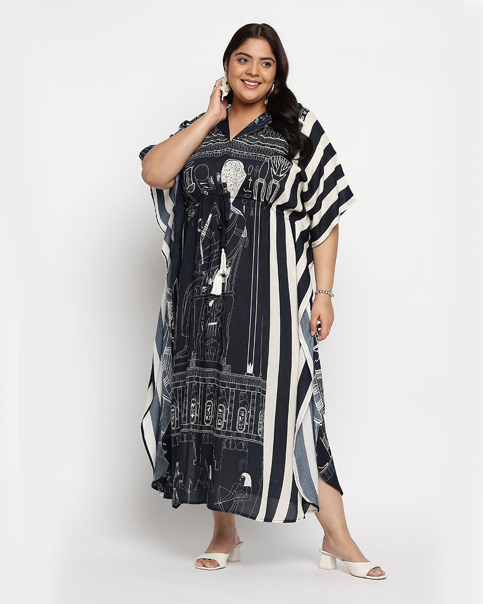 Black And White Rayon Plus Size Egyptian print Kaftan For Women