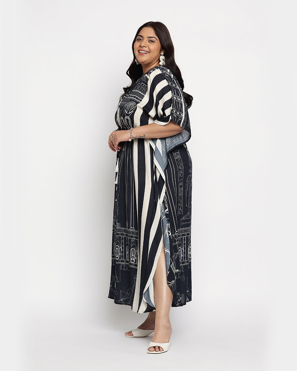 Black And White Rayon Plus Size Egyptian print Kaftan For Women