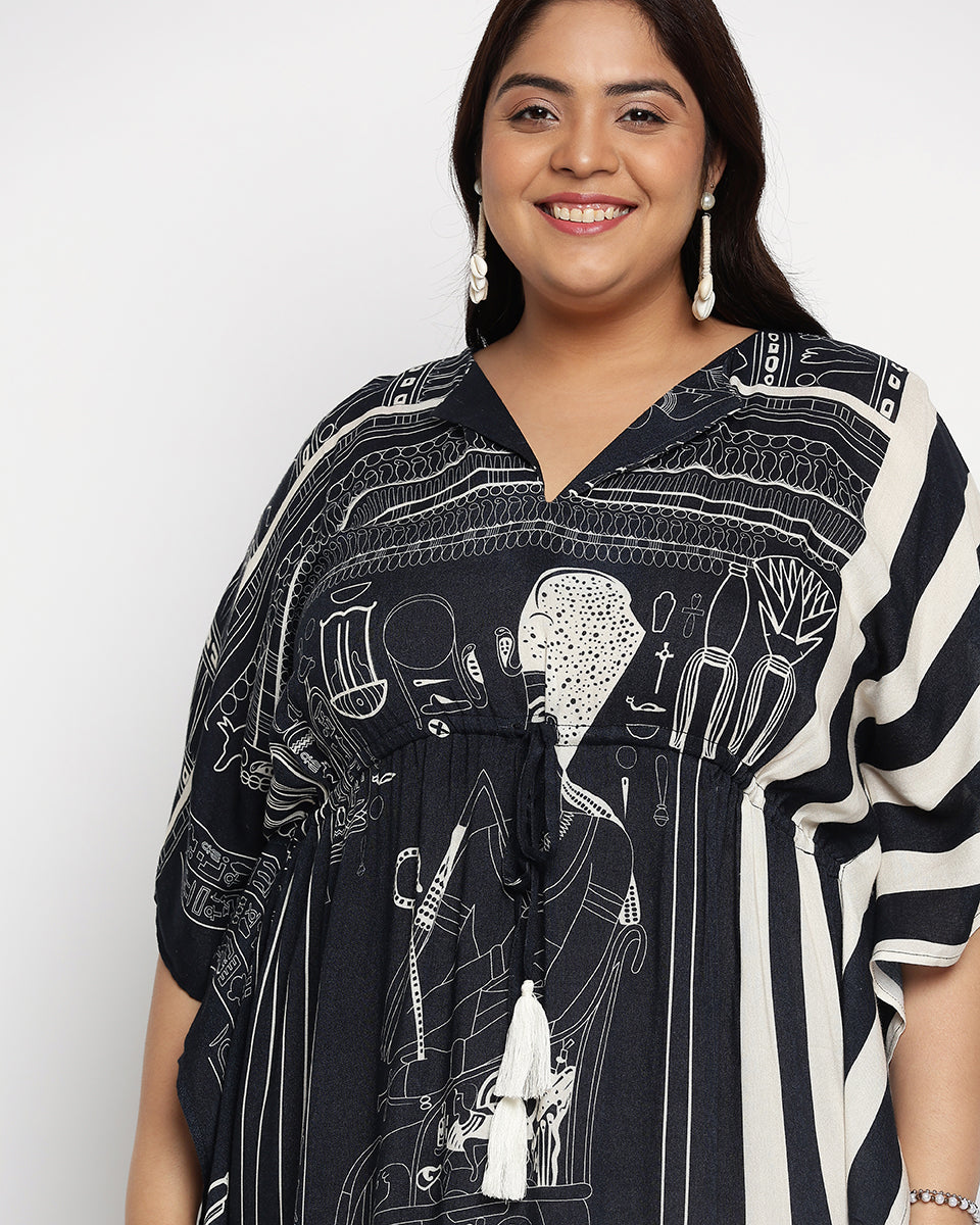 Black And White Rayon Plus Size Egyptian print Kaftan For Women