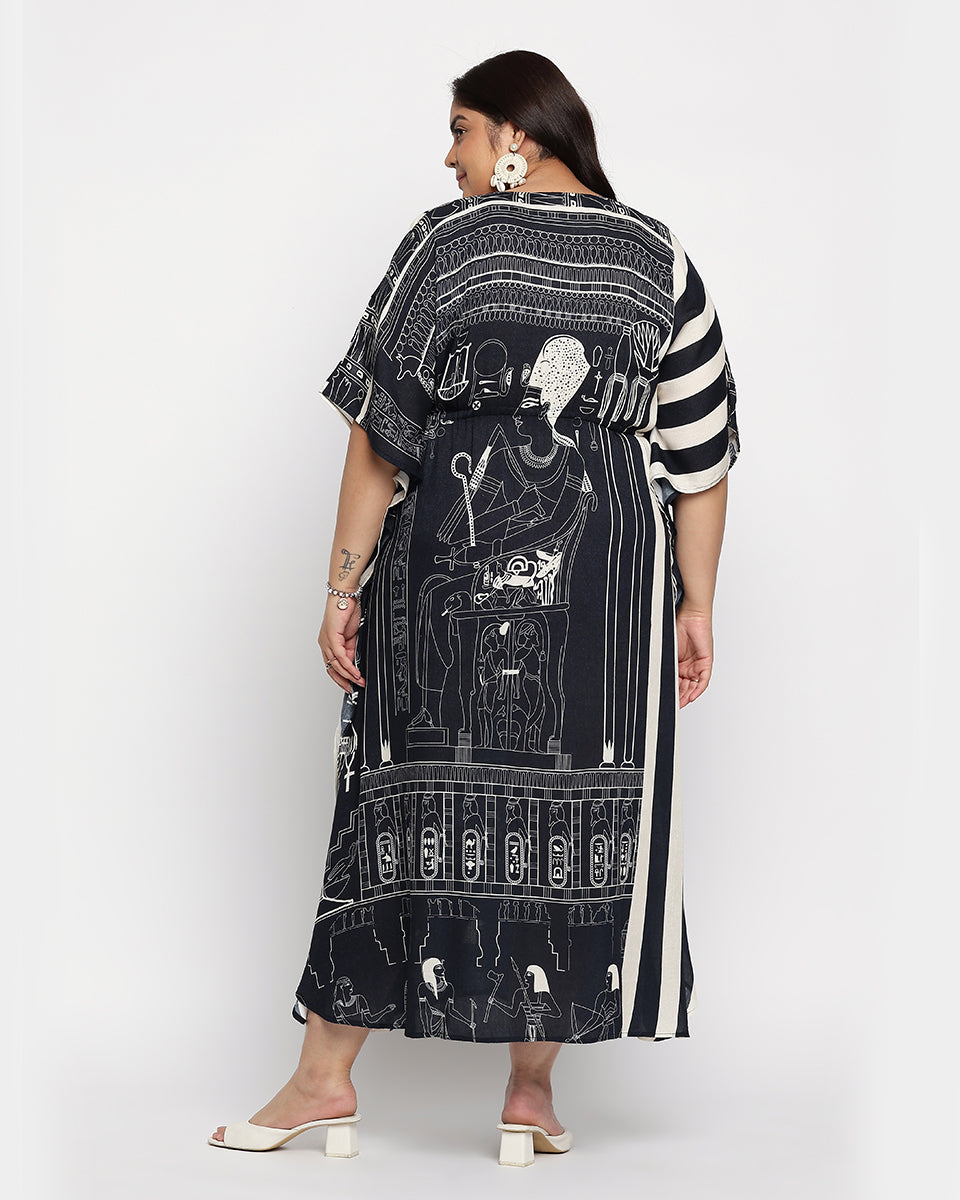 Black And White Rayon Plus Size Egyptian print Kaftan For Women