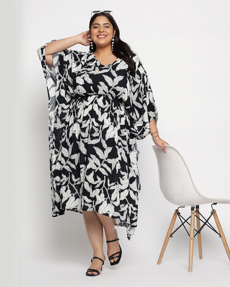 Black And White Leaf Print Rayon Crepe Plus Size Kaftan For Women