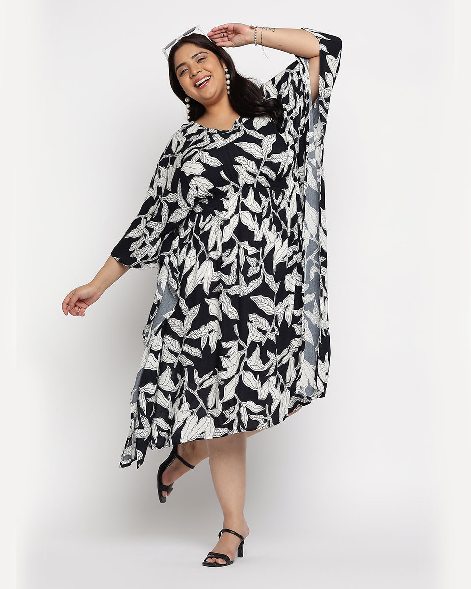 Black And White Leaf Print Rayon Crepe Plus Size Kaftan For Women