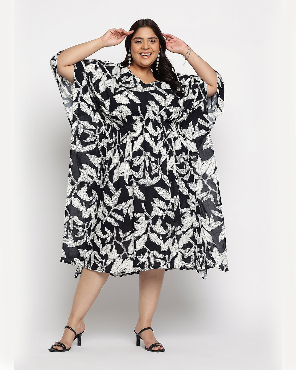 Black And White Leaf Print Rayon Crepe Plus Size Kaftan For Women