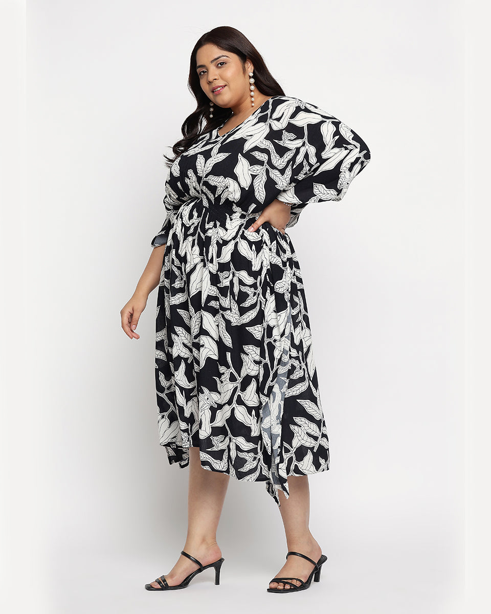 Black And White Leaf Print Rayon Crepe Plus Size Kaftan For Women