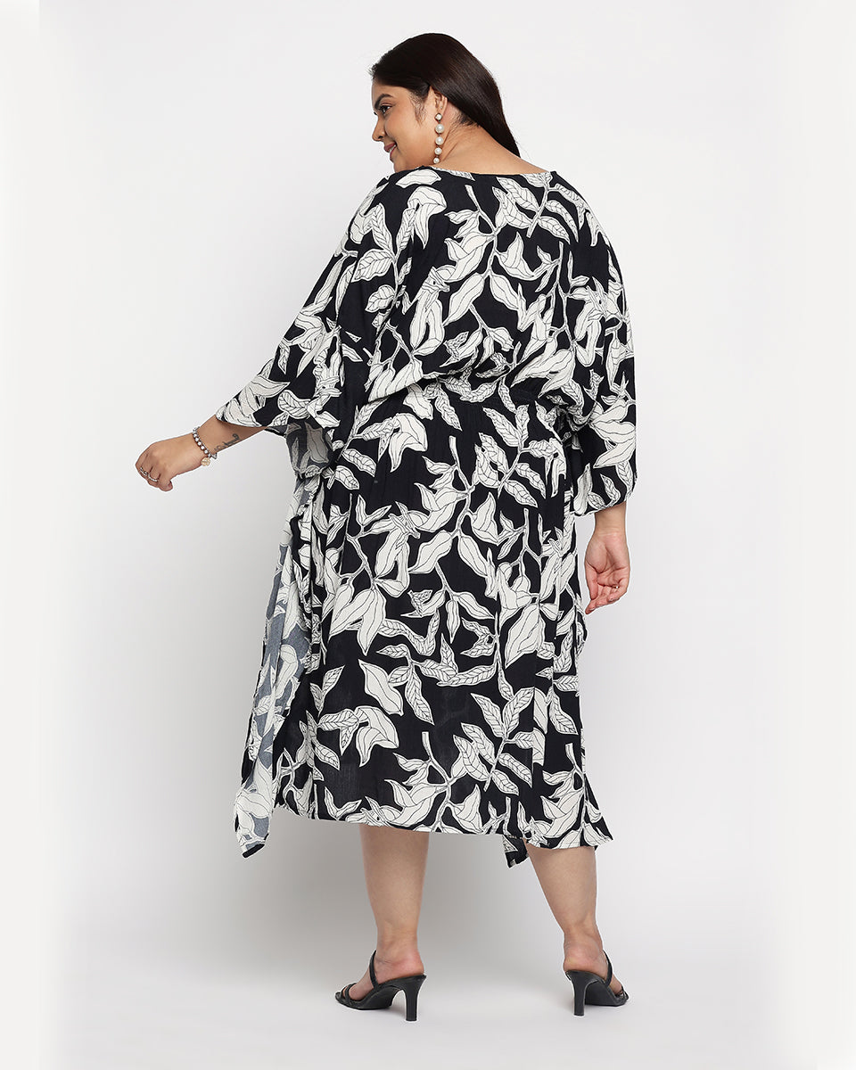 Black And White Leaf Print Rayon Crepe Plus Size Kaftan For Women