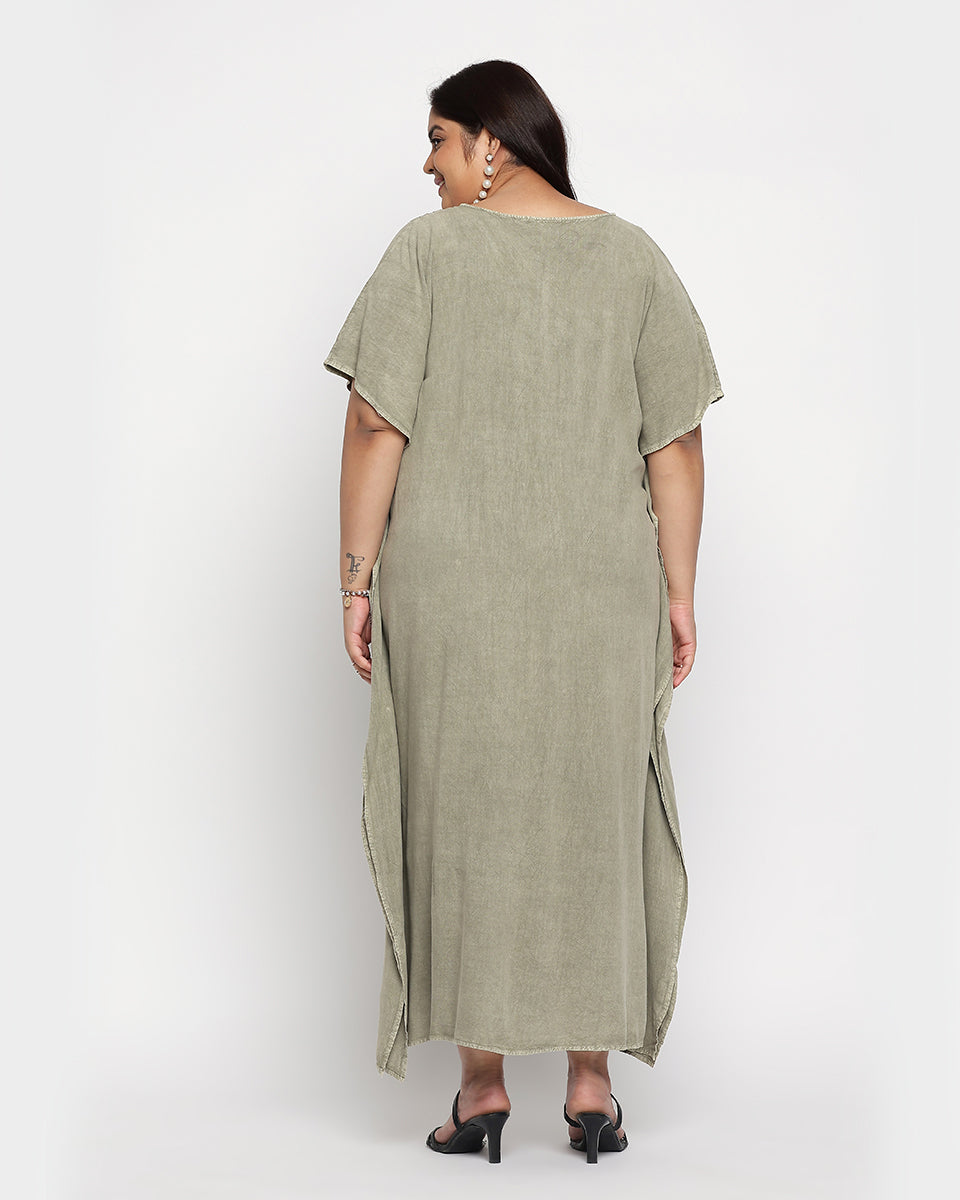 Embroidered Sage Green Rayon Button Plus Size kaftan For Women