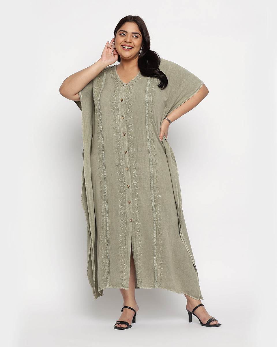 Embroidered Sage Green Rayon Button Plus Size kaftan For Women