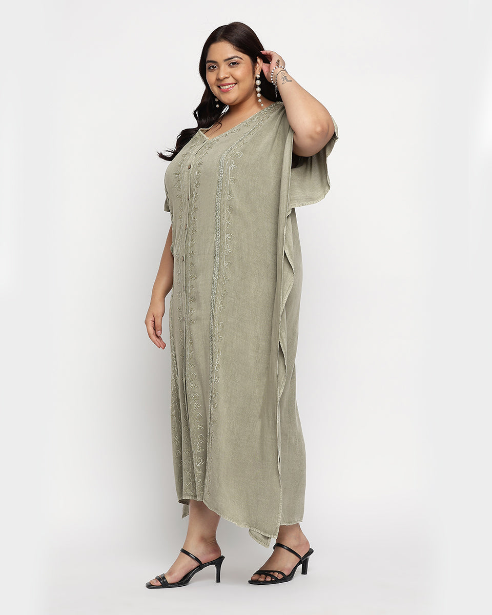 Embroidered Sage Green Rayon Button Plus Size kaftan For Women