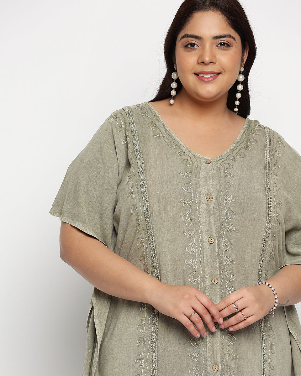 Embroidered Sage Green Rayon Button Plus Size kaftan For Women