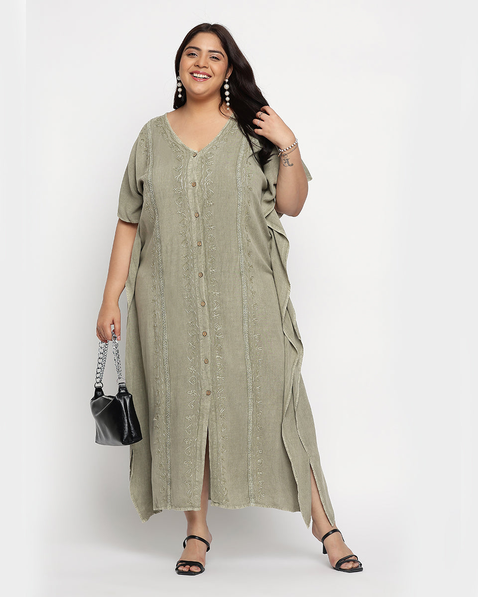 Embroidered Sage Green Rayon Button Plus Size kaftan For Women