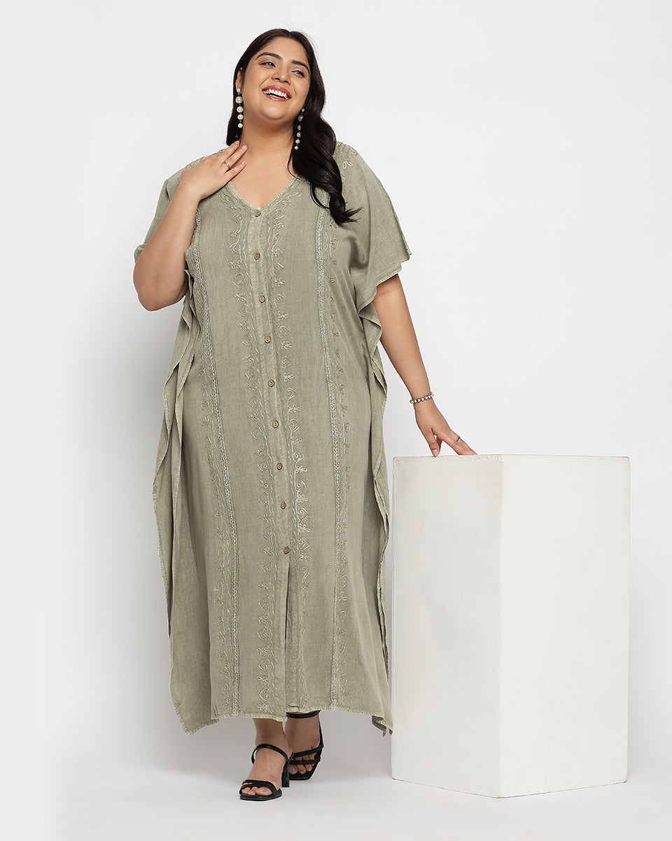 Embroidered Sage Green Rayon Button Plus Size kaftan For Women