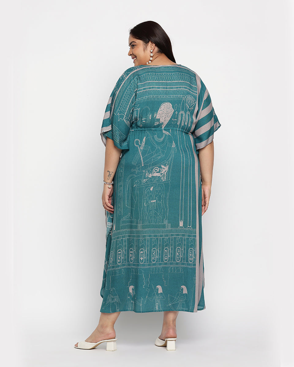 Green And Teal Rayon Egyptian Print Kaftan For Plus Size Women