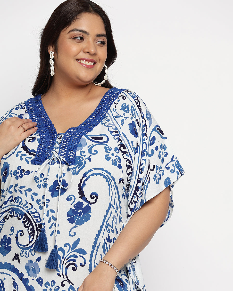 Blue And White Floral Print Polyester Tunic Top For Women