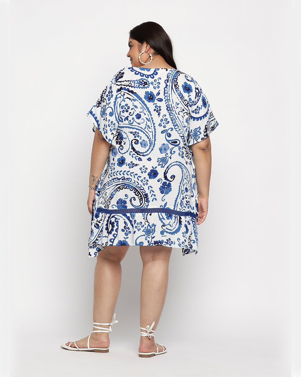 Blue And White Floral Print Polyester Tunic Top For Women