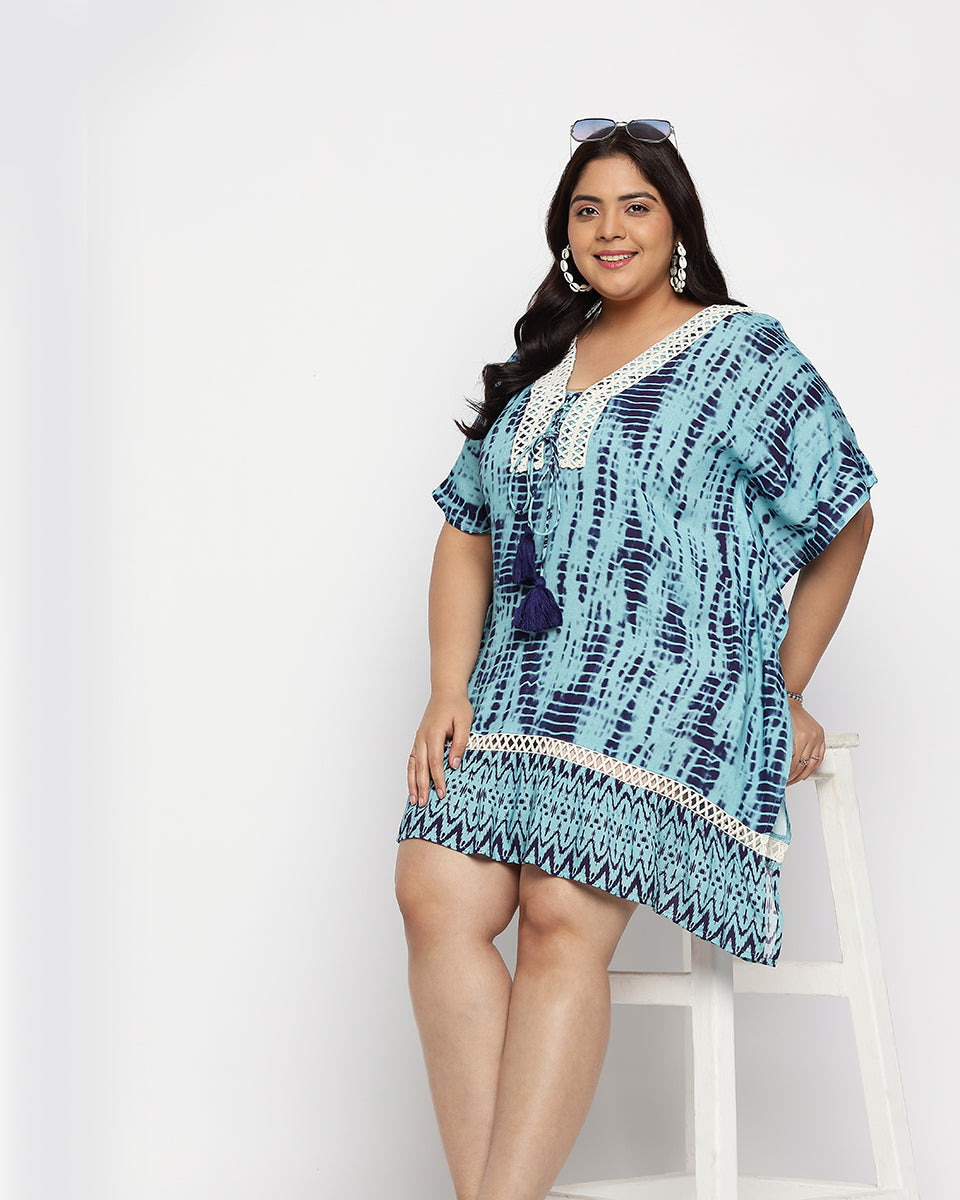 Iceberg Blue Tie Dye Rayon Plus Size Tunic Top For Women