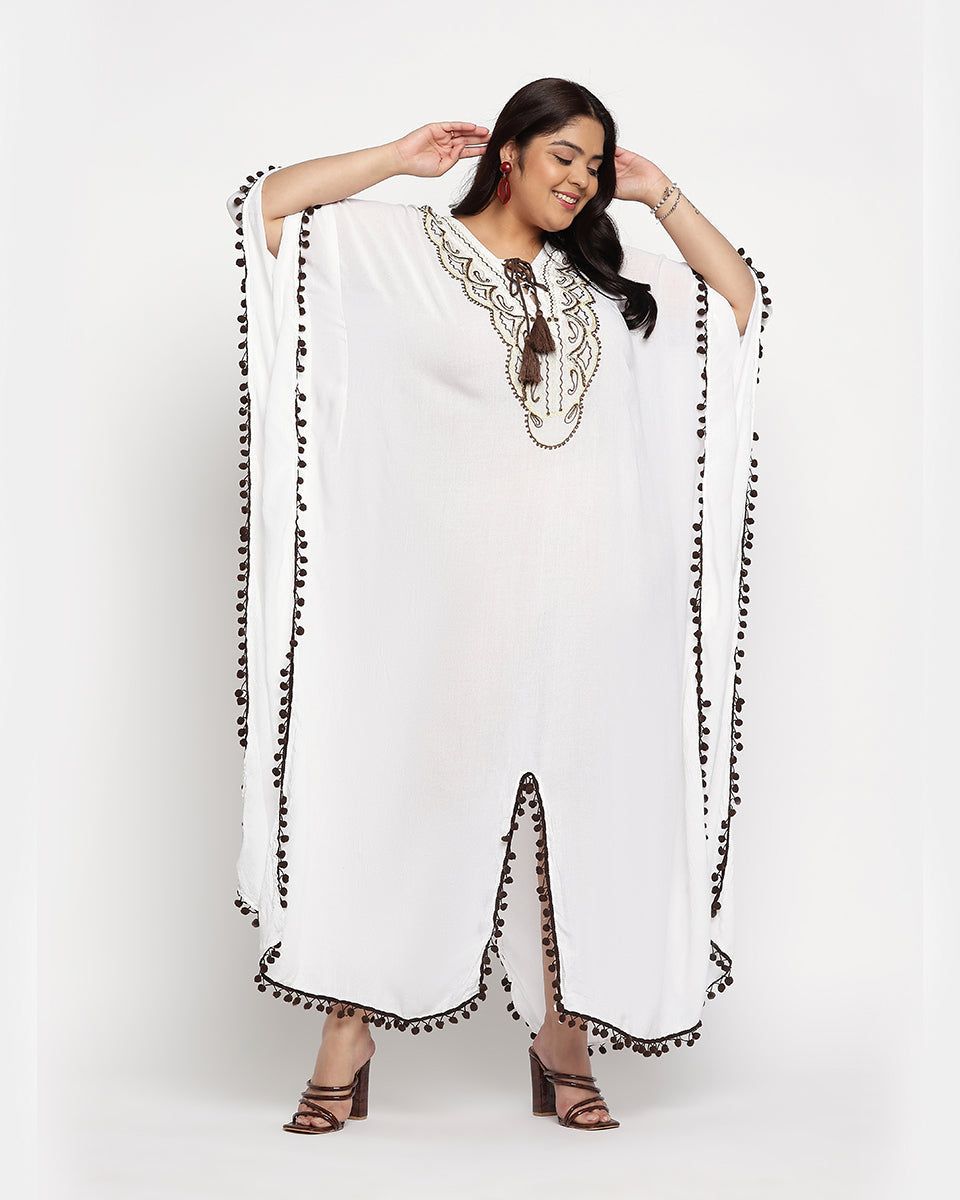 Brown And White Embroidered Plus Size Kaftan For Women