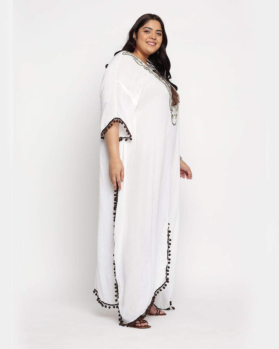 Brown And White Embroidered Plus Size Kaftan For Women