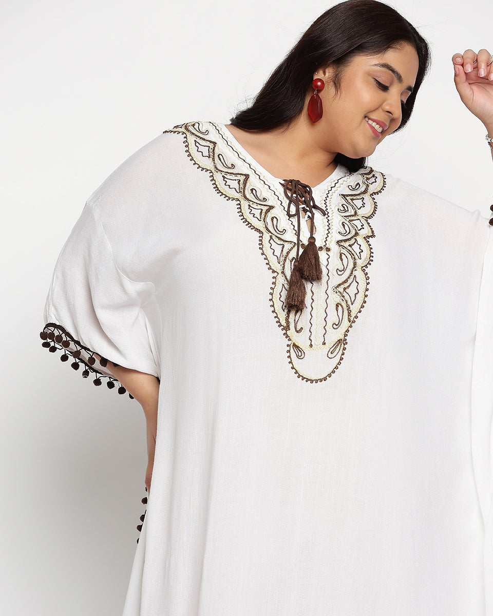 Brown And White Embroidered Plus Size Kaftan For Women