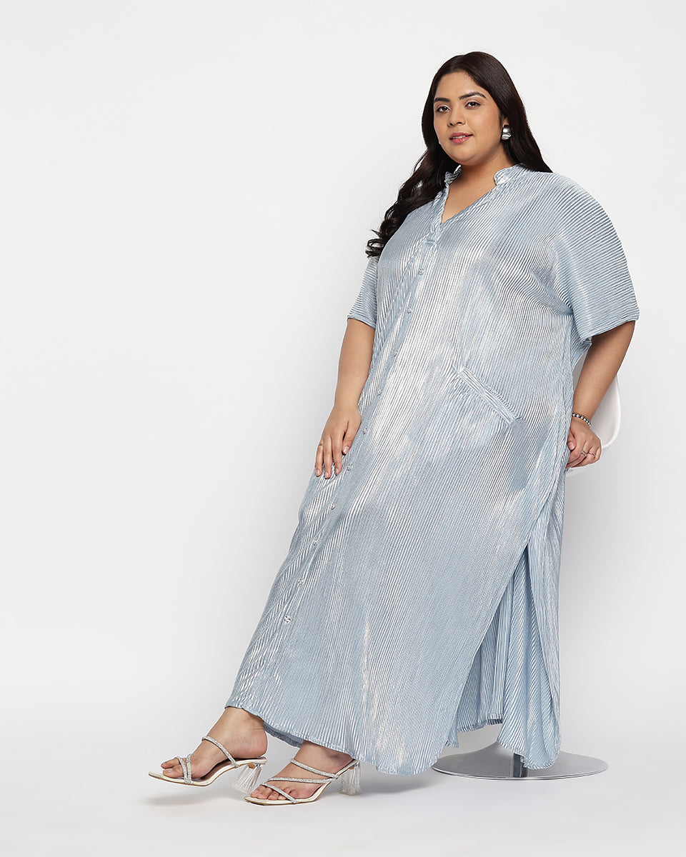 Slate Grey Striped Poly Knit Plus size Button Kaftan For Women