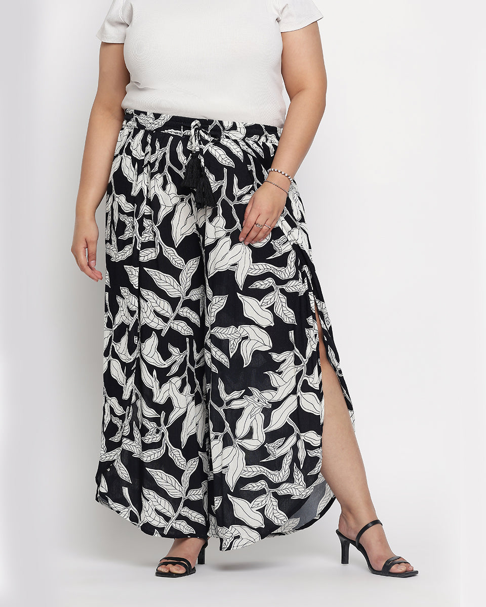 Leaf Print Rayon Crepe Bottom Pants For Plus Size Women