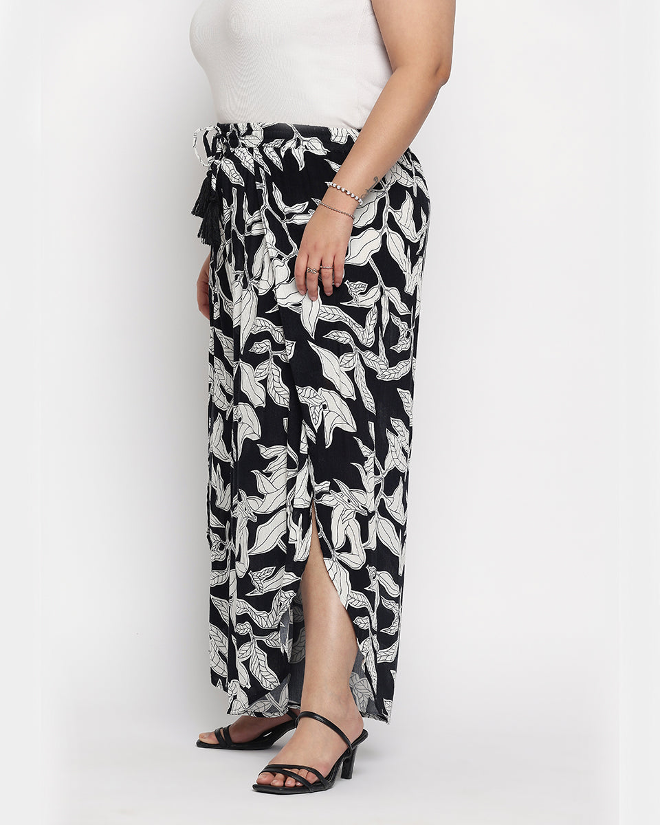 Leaf Print Rayon Crepe Bottom Pants For Plus Size Women