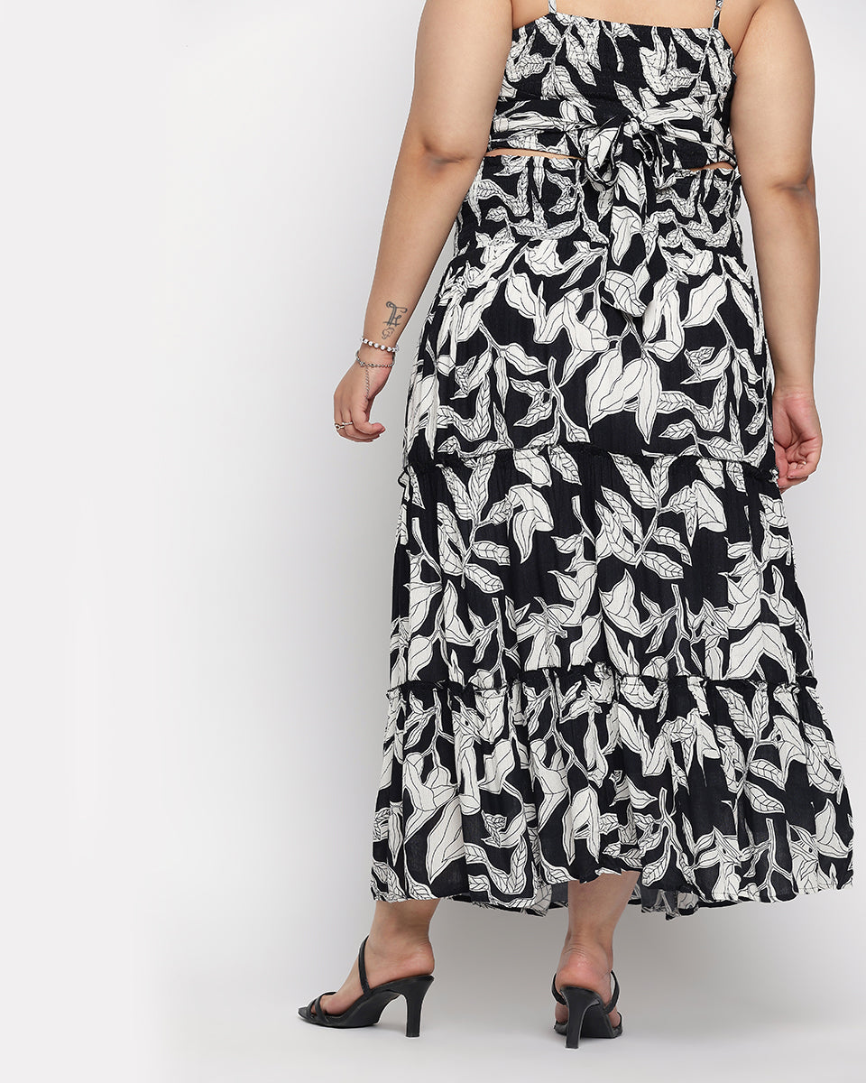 Leaf Print Black And White Rayon Crepe Skirt For Women