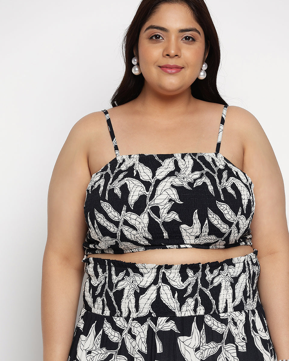 Drawstring Black & White Leaf Print Top For Women