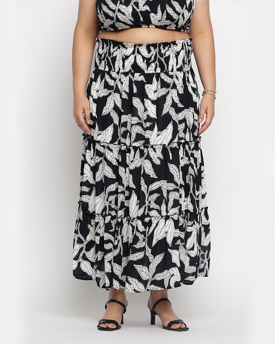 Leaf Print Black And White Rayon Crepe Skirt For Women