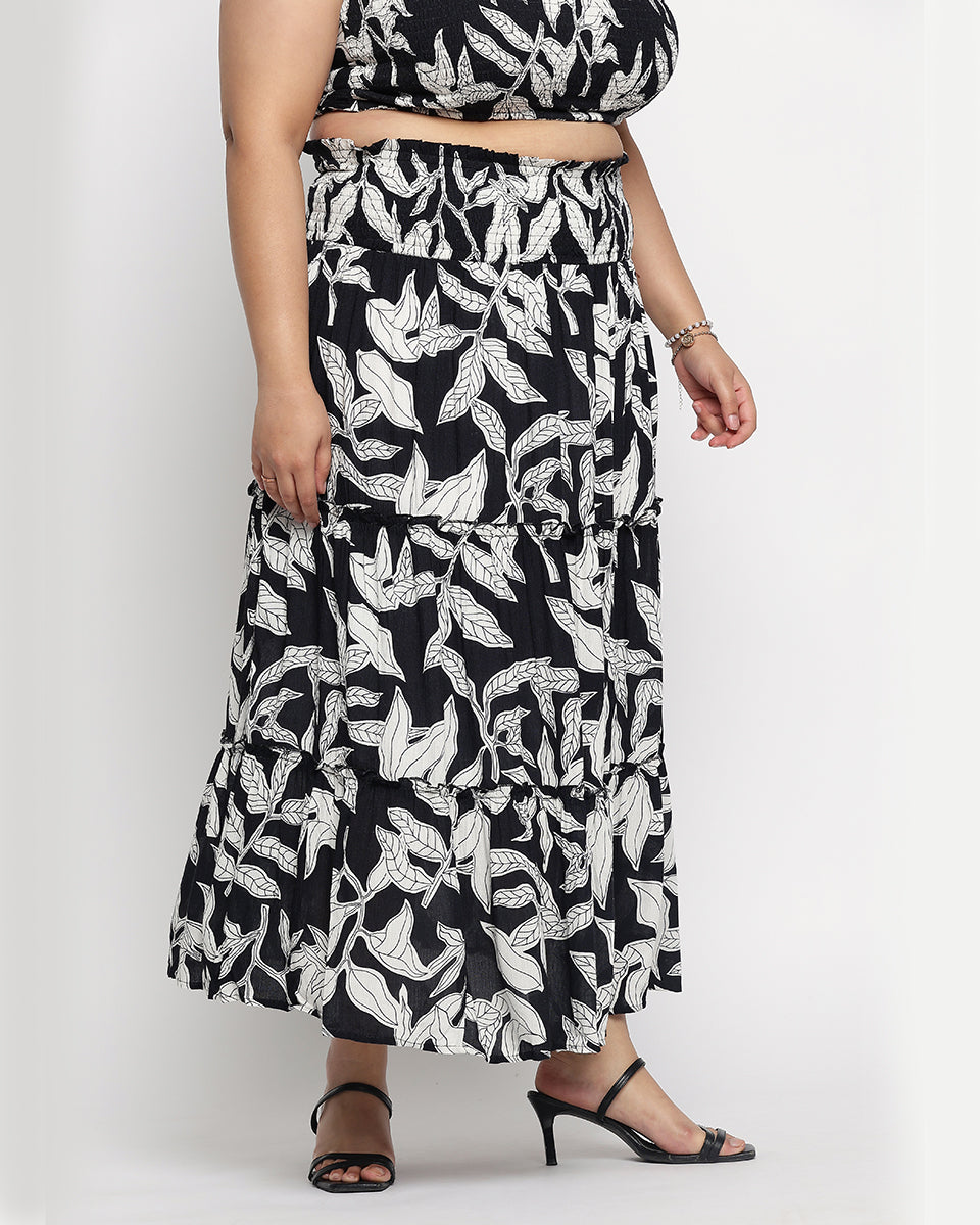 Leaf Print Black And White Rayon Crepe Skirt For Women