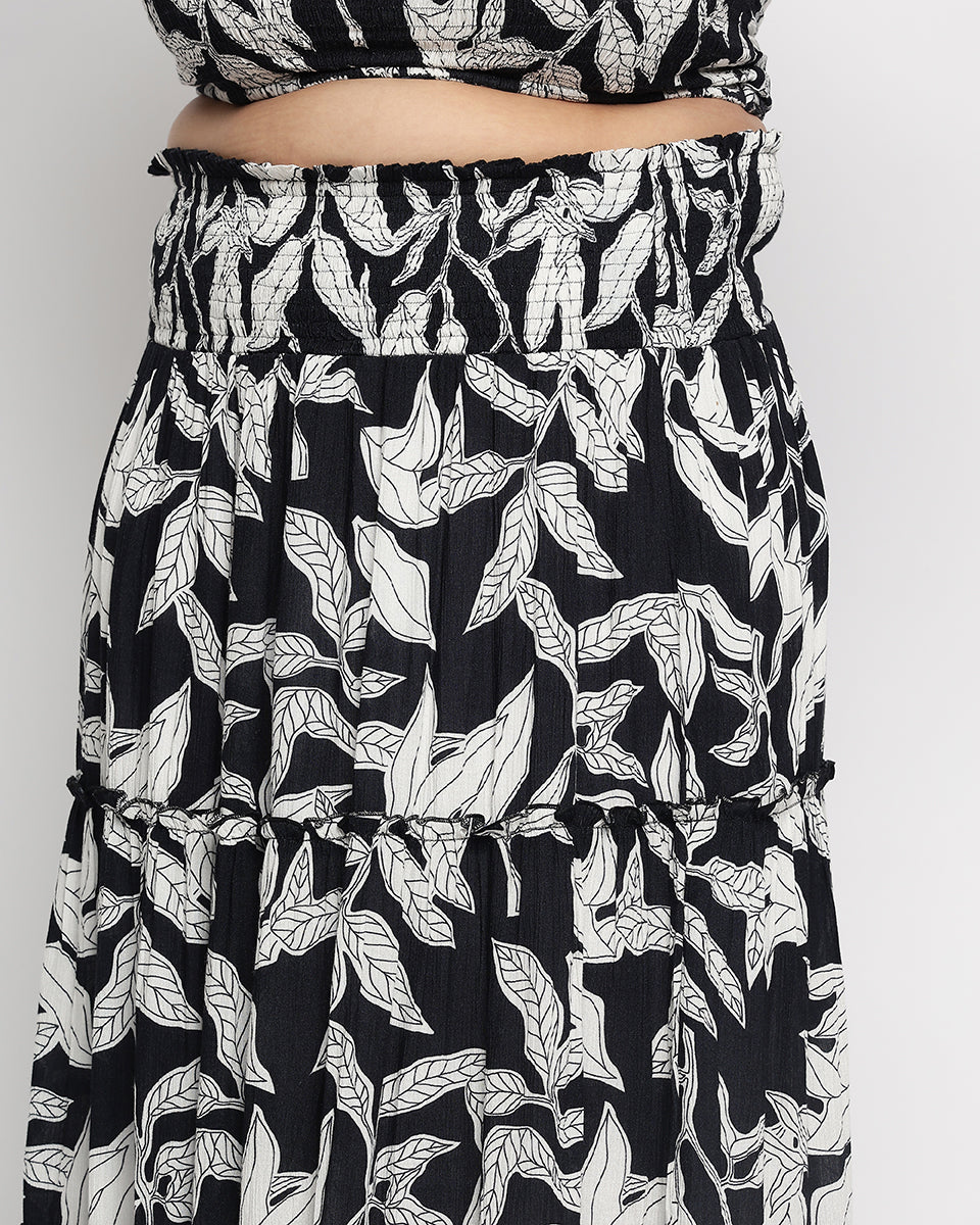 Leaf Print Black And White Rayon Crepe Skirt For Women