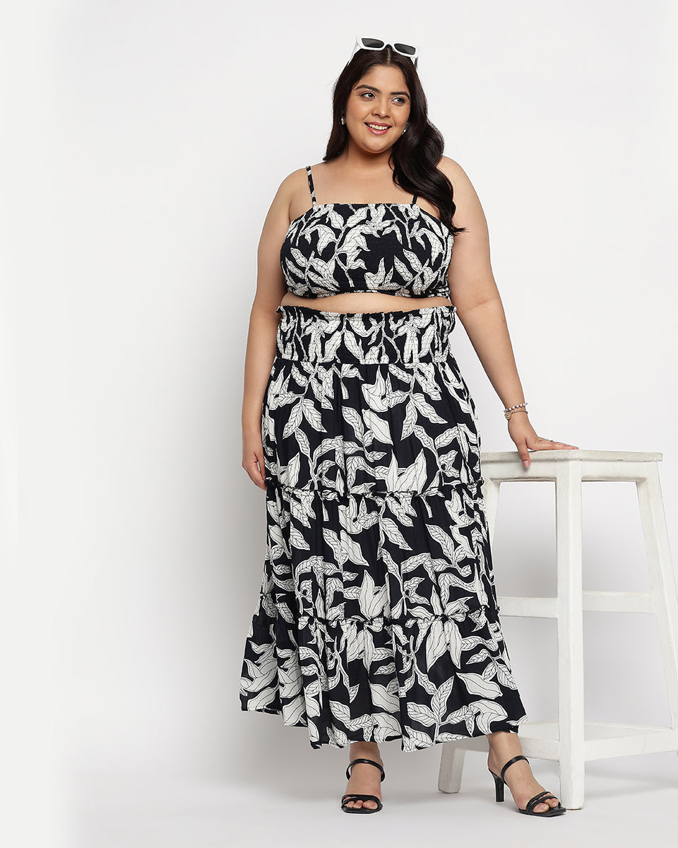 Leaf Print Black And White Rayon Crepe Skirt For Women