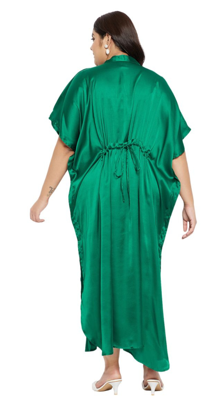 GypsieBlu Green Plus Size Satin Kaftan Dress for Women Kimono Sleeve 1X-3X