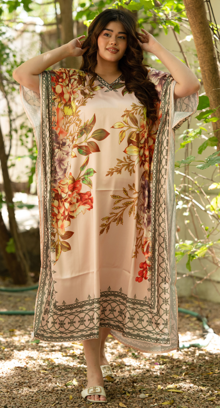 Leaf Print Peach Satin Silk Women Plus Size Kaftan Beach Dress
