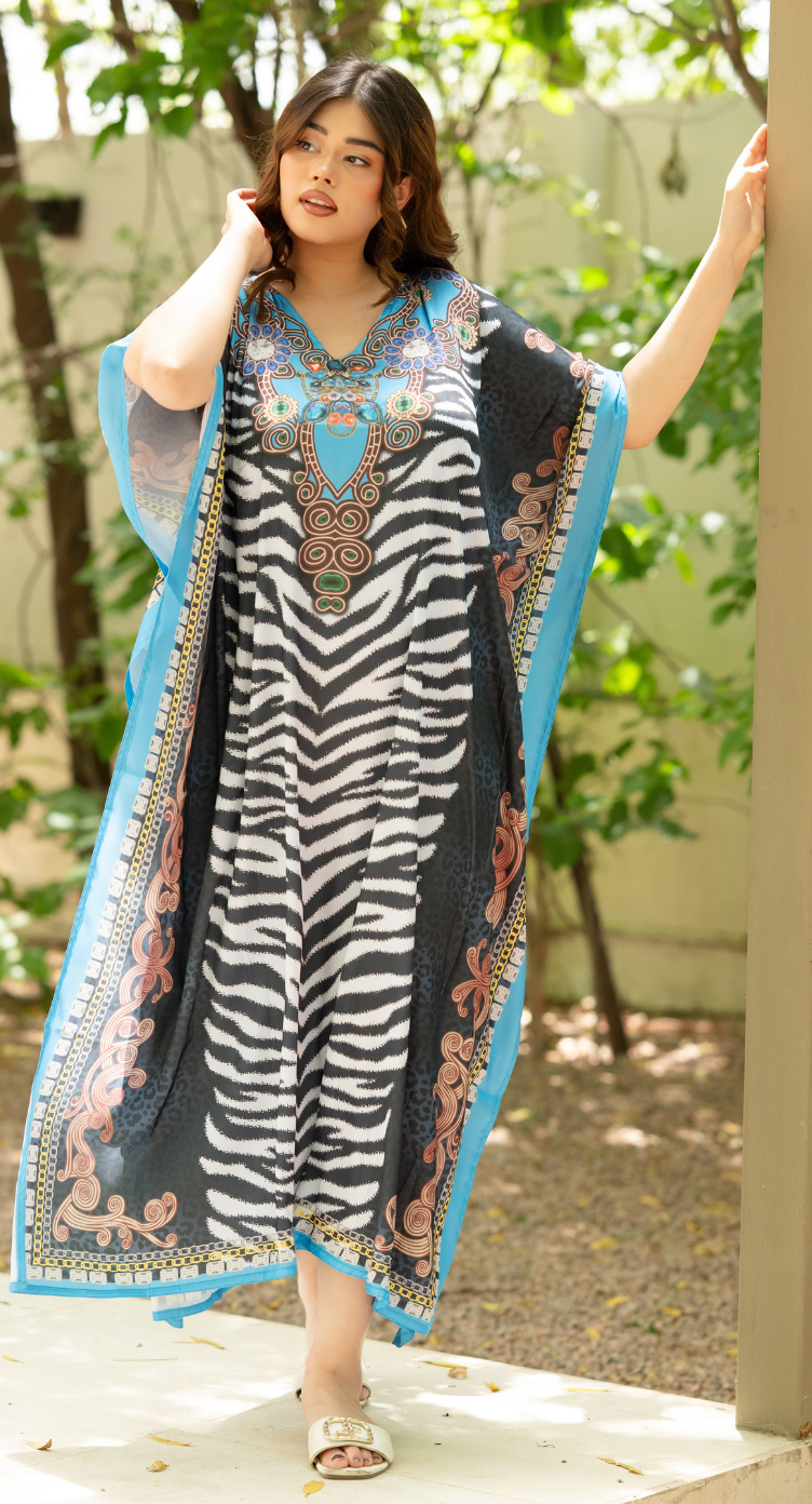 Zebra Stripe Black Satin Silk Women Plus Size Kaftan Dress