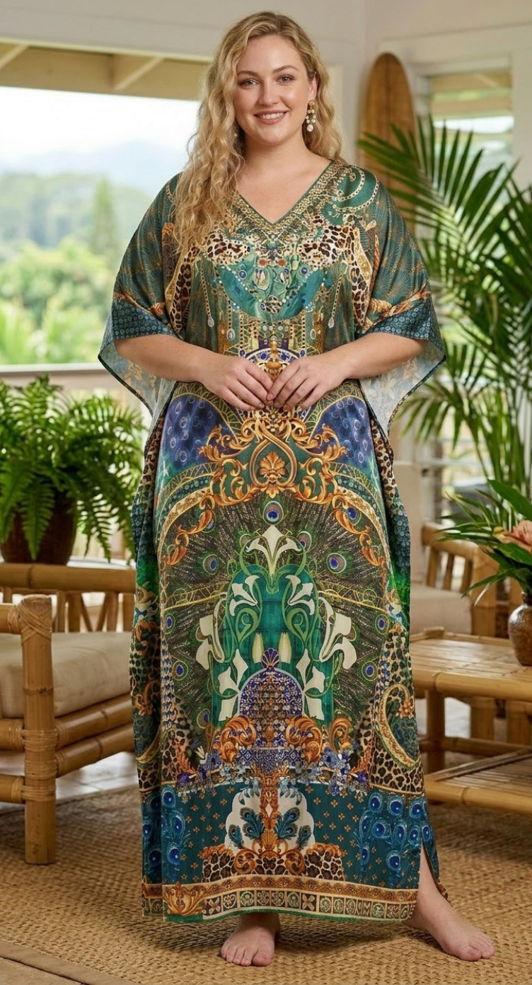 Teal Baroque Satin Women Plus Size Kaftan Vacation Dress - SKU KAF152-1091 - Gypsie Blu