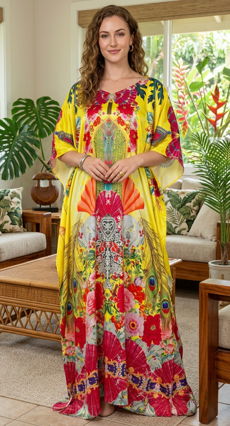 Yellow Tropical Satin Women Plus Size Kaftan Vacation Dress