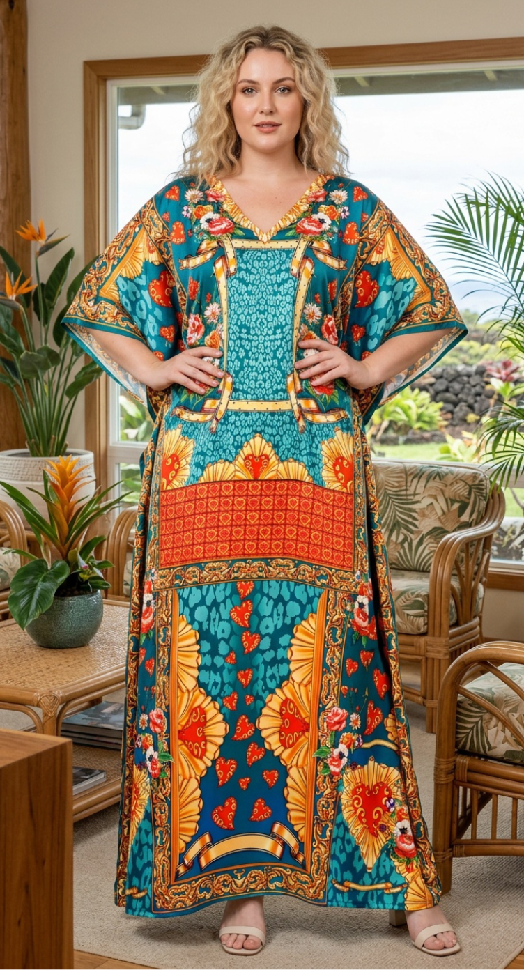 Turquoise Blue Baroque Satin Women Plus Size Kaftan Cocktail Dress