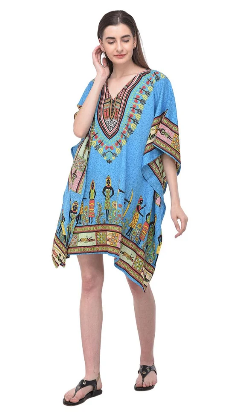 Blue & Multicolor Dashiki Tribal Figure Motif Polyester Plus Size Tunic for Women 1X-3X V Neck | GypsieBlu