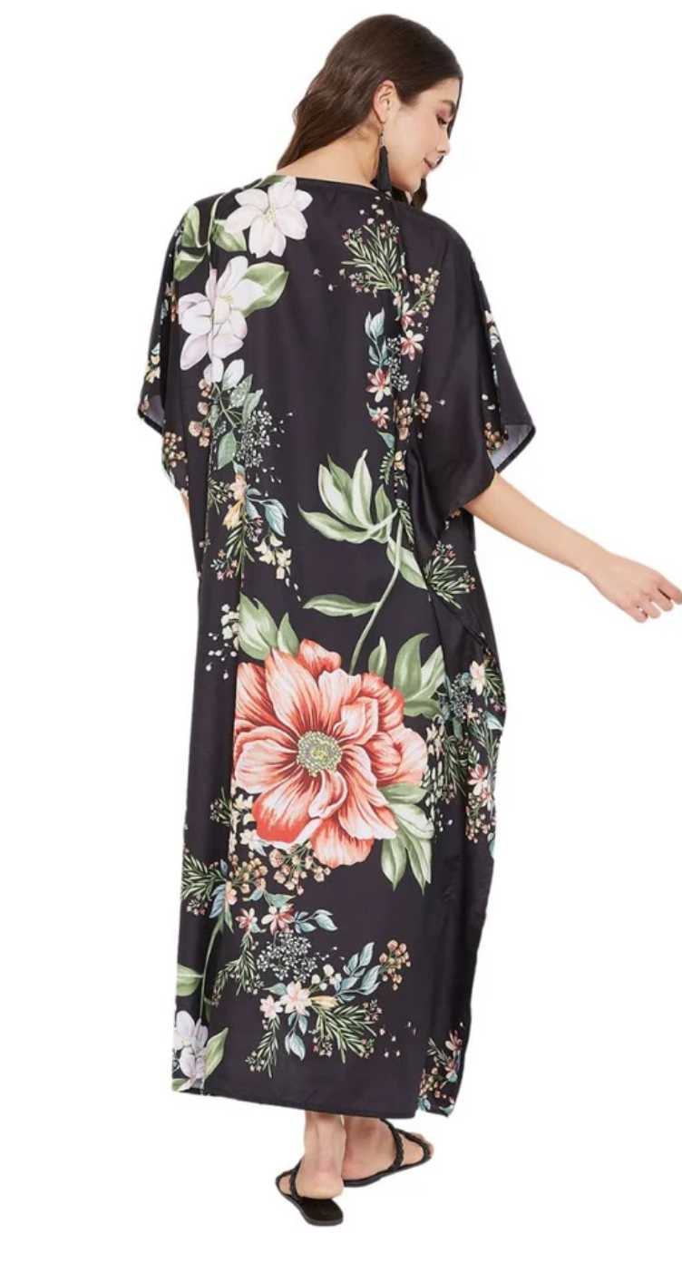 Black Peony Floral Polyester Plus Size Kaftan for Women 1X-3X | GypsieBlu