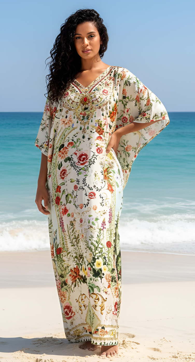 Floral Print Satin Silk Women Plus Size Kaftan Dress