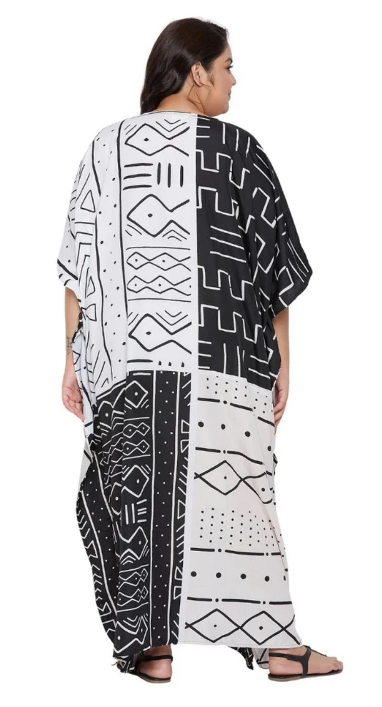 White Mudcloth Tribal Polyester Plus Size Kaftan for Women 1X-3X | GypsieBlu